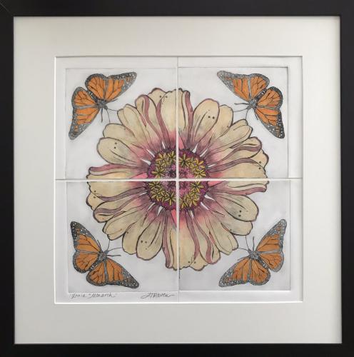 Zinnia Flower and Monarch Butterfly by Lynanne Raven