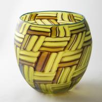 Small Matte Citron Sweetgrass Glass Basket with Turquoise Lip by Dan Friday